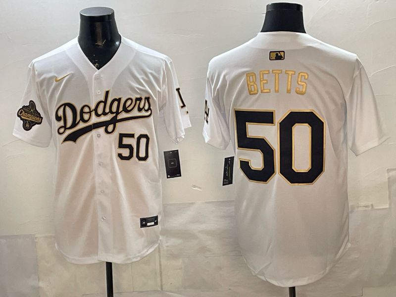 Men Nike 2026 Los Angeles Dodgers #50 Betts White Gold Game MLB Jersey 12112